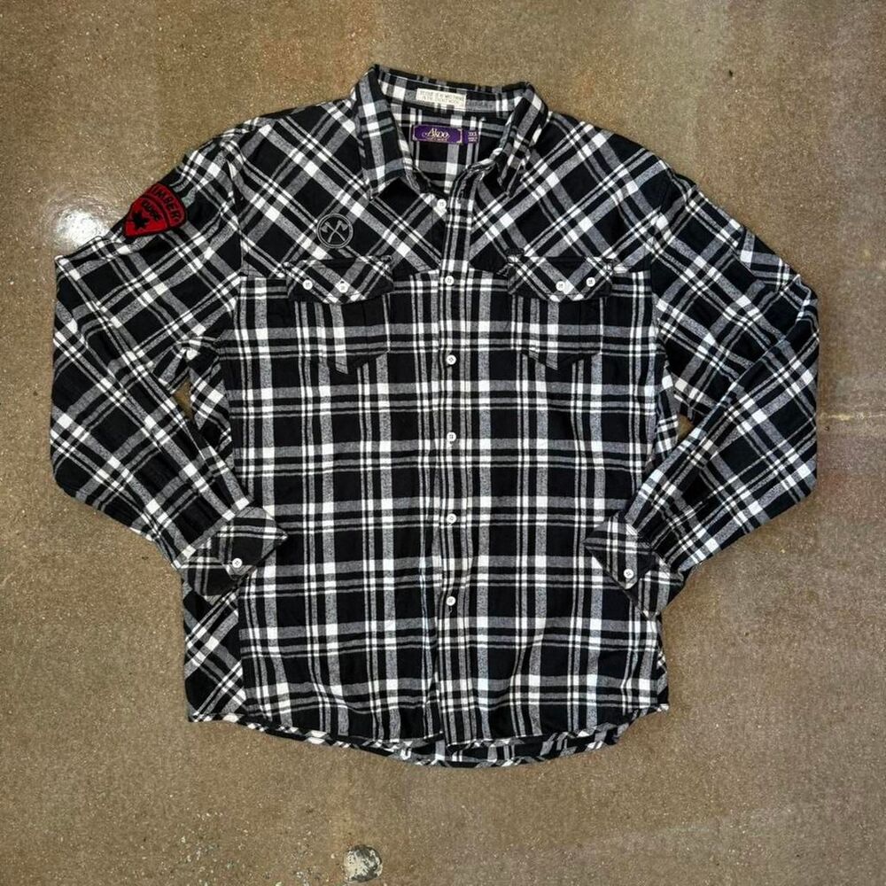 AkOO Plaid Shirt Black White Flannel Style Patch 3XL